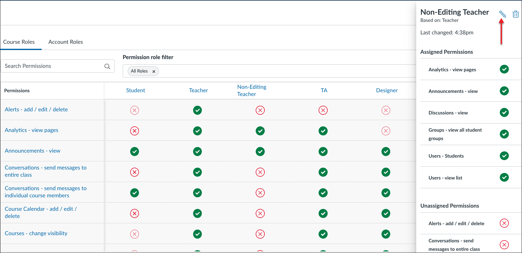 Image of course role permission edit in Canvas